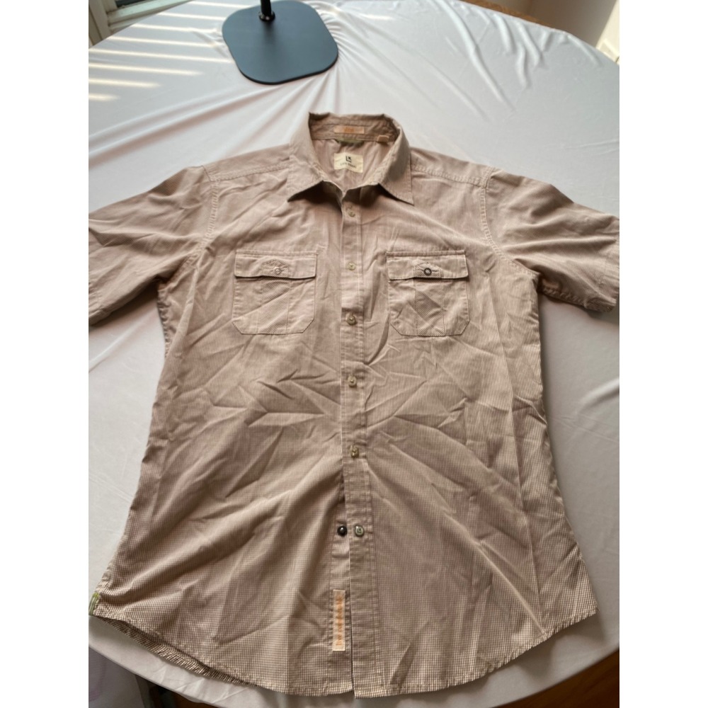 Left Field NYC Mens Tan Gingham Check Short Sleeve Button Down Work Shirt Large